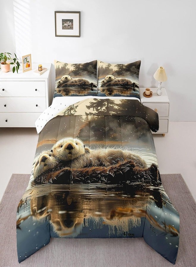 مان فاي طقم لحاف كامل من Manfei Sea Otter، طقم فراش سباحة لزوجين من ثعالب الماء البرية لتزيين غرفة النوم، مغامرة ثعالب الماء اللطيفة في الغابة مع لحاف واحد وغطائي وسادة لديكور غرفة النوم - Image 3