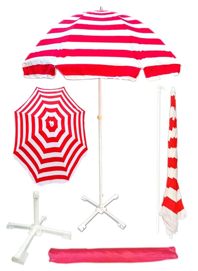 RAINPOPSON Garden Umbrella Outdoor Big Size 8ft with Stand Red Stripe Color Big Size Outdoor Waterproof Umbrella Heavy Duty Cloth with Patio Garden Outdoor Umbrella (8ft) (Red Stripe) - Image 1