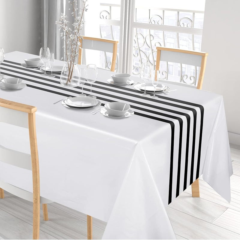 Oudain 3 Pcs Striped Tablecloth 108 x 54 Inch Rectangle Table Cover Disposable Plastic Table Cloth Waterproof Rectangle Tablecloth Plastic Table Cover for Birthday Wedding Bridal Shower (Black White) - Image 4