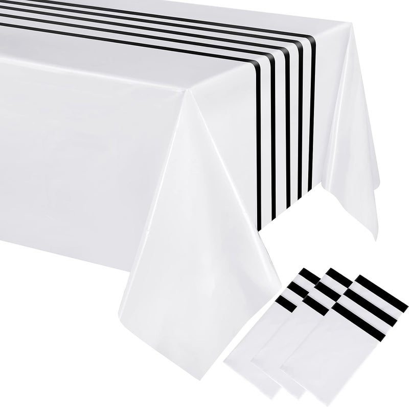 Oudain 3 Pcs Striped Tablecloth 108 x 54 Inch Rectangle Table Cover Disposable Plastic Table Cloth Waterproof Rectangle Tablecloth Plastic Table Cover for Birthday Wedding Bridal Shower (Black White) - Image 1
