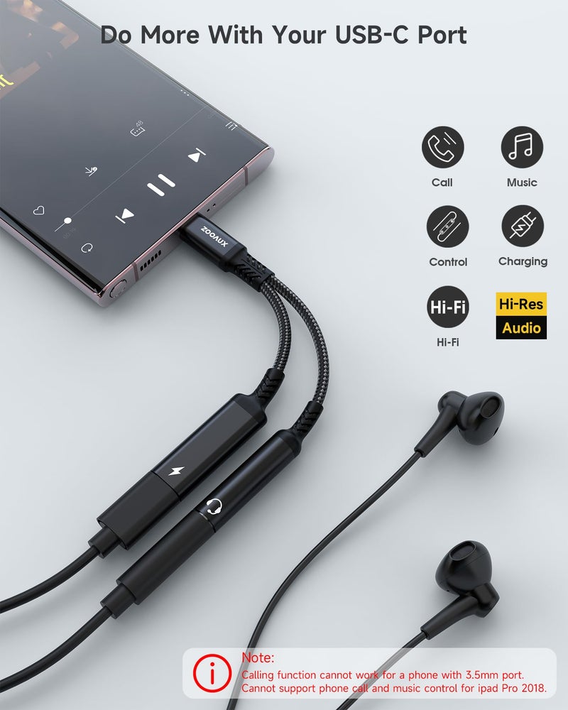 ZOOAUX محول ZOOAUX USB C إلى 3.5 مم لسماعات الرأس والشاحن، 2 في 1 USB C إلى جاك صوت Aux مع كابل دنجلي للشحن السريع PD 60W لجهاز Galaxy S23/S22/S21/S20 Ultra، iPad Pro، Pixel (أسود) - Image 2