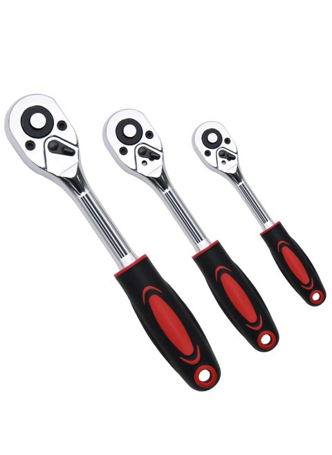 Ratchet Set, 3 Pcs Professional Heavy Duty Ratchet Tool Set, Durable Drive Ratchet Wrench 1/4", 3/8",1/2", Quick-release Reversible Ratchet Handle, Chrome Vanadium Steel Construction and Chrome Plated