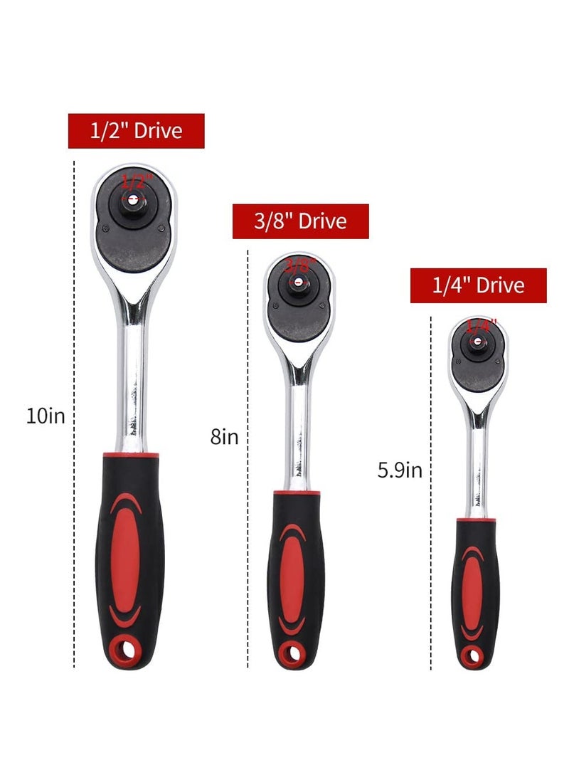 KASTWAVE Ratchet Set, 3 Pcs Professional Heavy Duty Ratchet Tool Set, Durable Drive Ratchet Wrench 1/4", 3/8",1/2", Quick-release Reversible Ratchet Handle, Chrome Vanadium Steel Construction and Chrome Plated  - Image 2