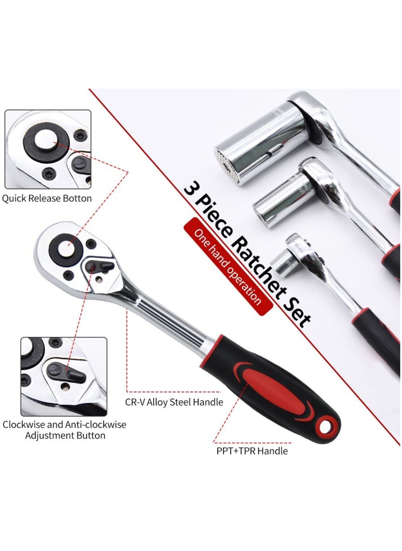 KASTWAVE Ratchet Set, 3 Pcs Professional Heavy Duty Ratchet Tool Set, Durable Drive Ratchet Wrench 1/4", 3/8",1/2", Quick-release Reversible Ratchet Handle, Chrome Vanadium Steel Construction and Chrome Plated  - Image 4