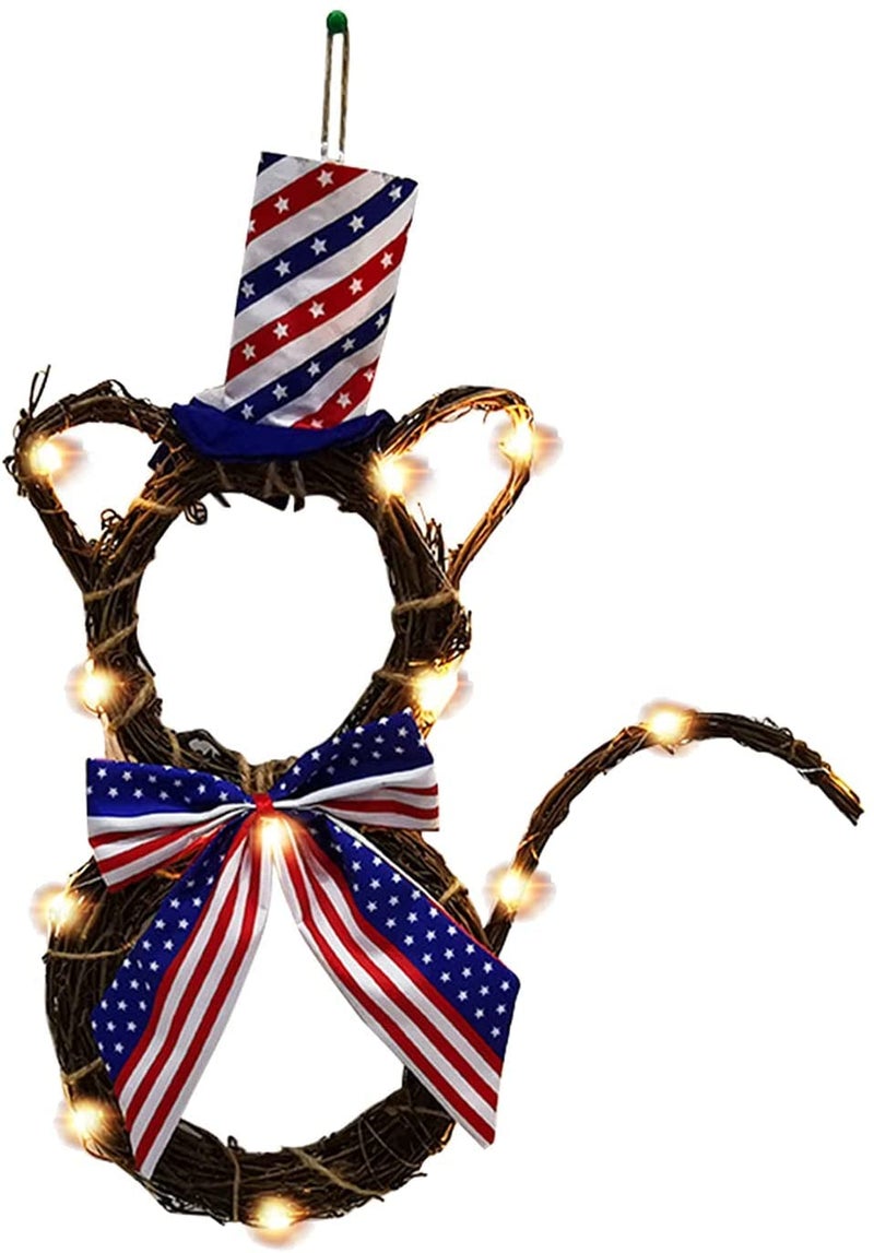Independence Day Wreath Cat Shape Garland Front Door Wreath 4th of July Wreath for Patriotic Memorial Day Flag Day Hanging Decoration