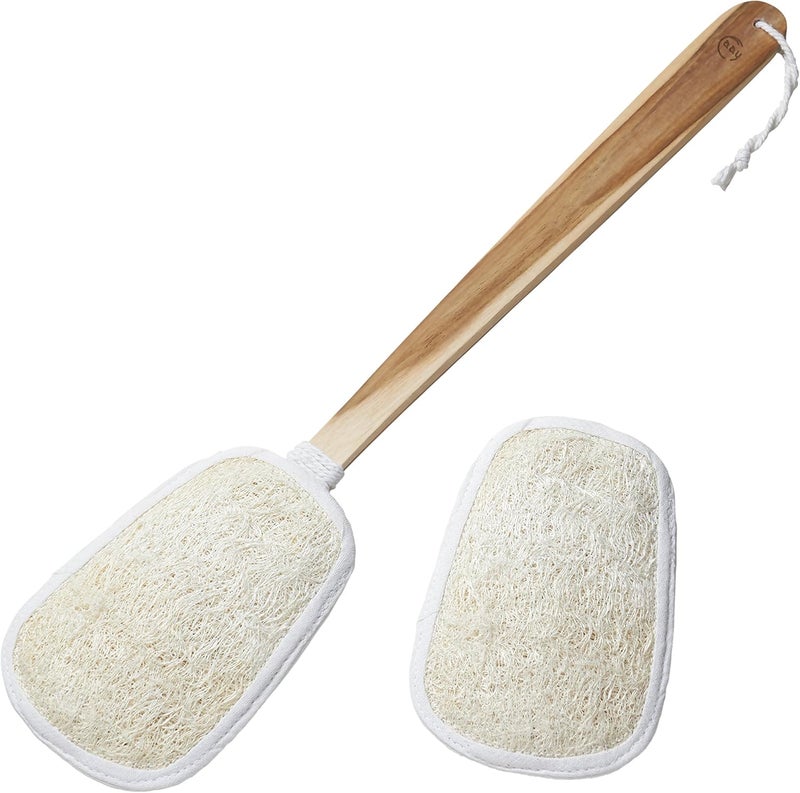 FAAY 17 Inch Natural Exfoliating Loofah Back Scrubber On a Stick with Luffa Sponge Pads Refills – Long Handle Loofa Body Bath & Shower Brush for Men & Women