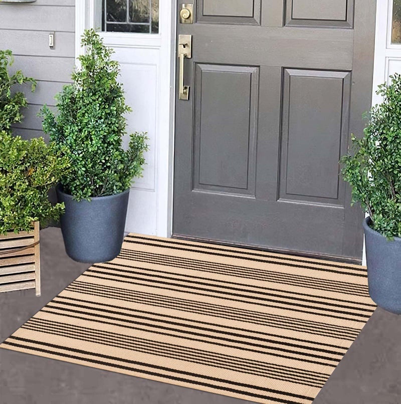 BUAGETUP Front Outdoor Door Mat 2'x3',Tan Black Striped Outdoor Rug Machine Washable Cotton Layered Door Mat Entryway Throw Rug for Indoor Entrance - Image 1