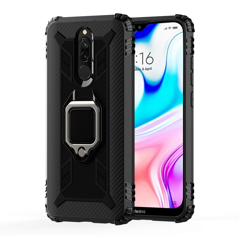 BURAQ Case Cover For Xiaomi Redmi 8A / 8A Dual Carbon Fiber Protective Case with 360 Degree Rotating Ring Holder(Black) - Image 1