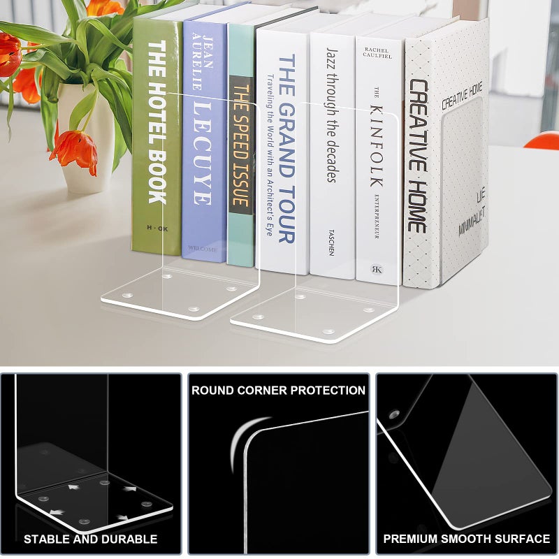 VFINE Acrylic Bookends 2 Pieces, VFINE Book Ends for Shelves, Clear Bookends for Shelves Decor Book Ends for Desktop Organizer, Book Stopper for Home Office School Supplies, 7 * 4.8 * 4.75 inch - Image 4