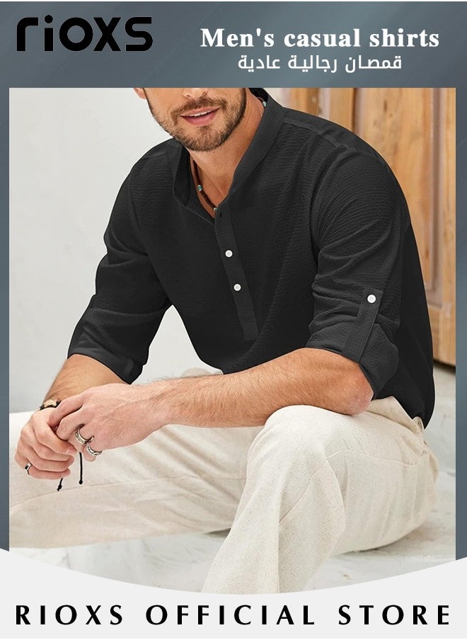 RIOXS - Men's Waffle Long Sleeve Henley Shirts Casual Button Down Beach Pullover Tops for Daily Wear - Image 1