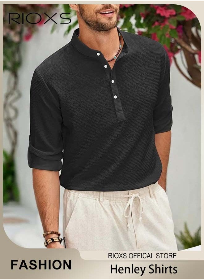 RIOXS - Men's Waffle Long Sleeve Henley Shirts Casual Button Down Beach Pullover Tops for Daily Wear - Image 1
