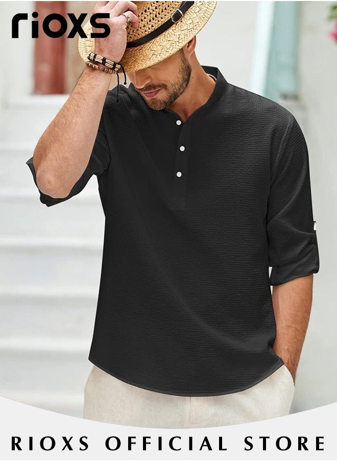 RIOXS - Men's Waffle Long Sleeve Henley Shirts Casual Button Down Beach Pullover Tops for Daily Wear - Image 1