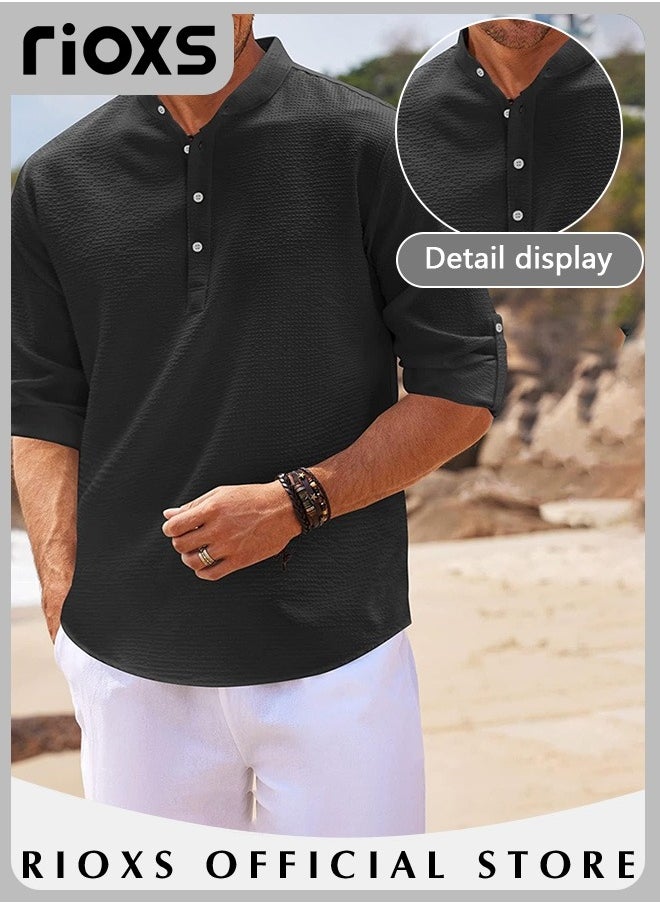RIOXS - Men's Waffle Long Sleeve Henley Shirts Casual Button Down Beach Pullover Tops for Daily Wear - Image 1
