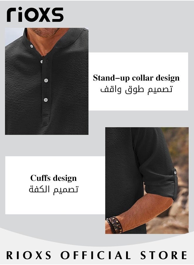 RIOXS - Men's Waffle Long Sleeve Henley Shirts Casual Button Down Beach Pullover Tops for Daily Wear - Image 1