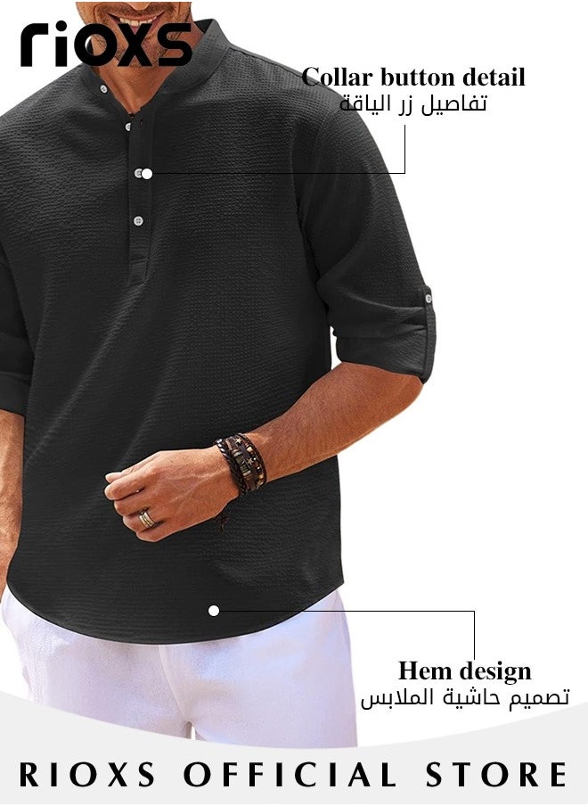 RIOXS - Men's Waffle Long Sleeve Henley Shirts Casual Button Down Beach Pullover Tops for Daily Wear - Image 1