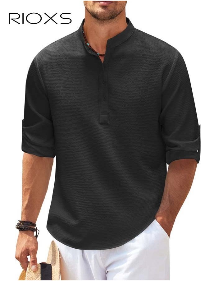 RIOXS Men's Waffle Long Sleeve Henley Shirts Casual Button Down Beach Pullover Tops for Daily Wear  - Image 2