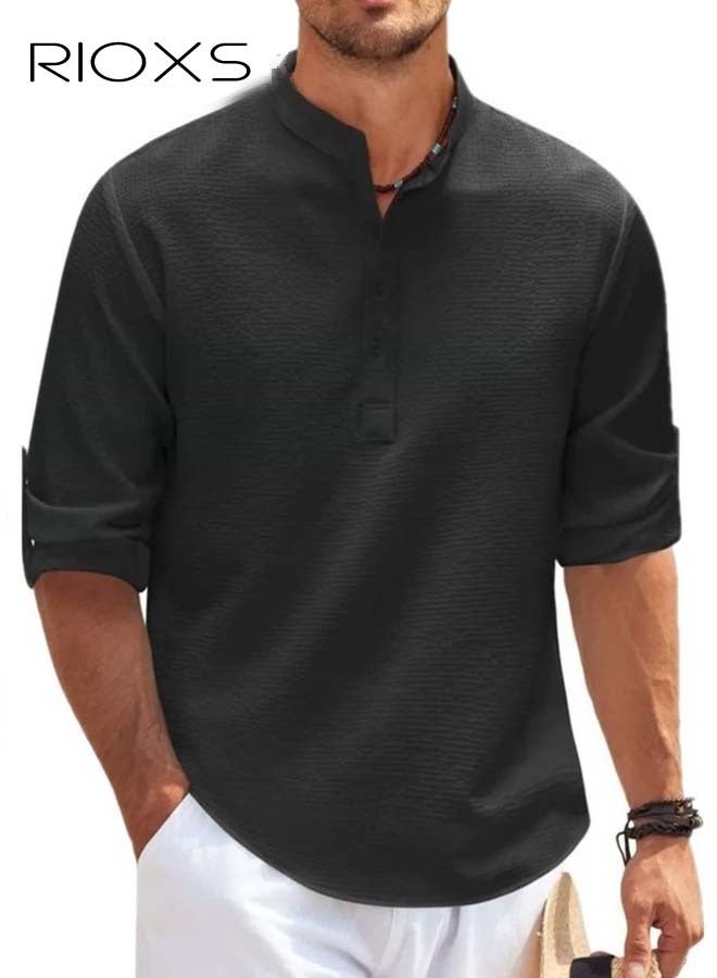 RIOXS Men's Waffle 3/4 Length Sleeve Henley Shirts, Casual Lightweight Four Button Pullover Tops for Men, Soft Breathable  3/4 Sleeve T-shirt for Daily Commutes, Office Work, Holidays, Weekend Relaxation, Beach, Daily Wear, Black - Image 1