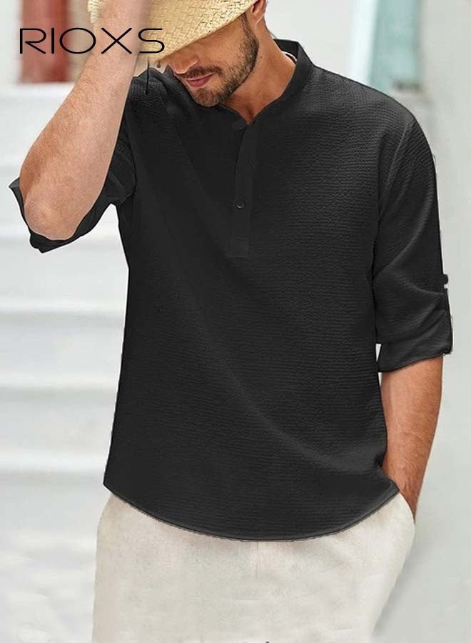 RIOXS Men's Waffle 3/4 Length Sleeve Henley Shirts, Casual Lightweight Four Button Pullover Tops for Men, Soft Breathable  3/4 Sleeve T-shirt for Daily Commutes, Office Work, Holidays, Weekend Relaxation, Beach, Daily Wear, Black - Image 4