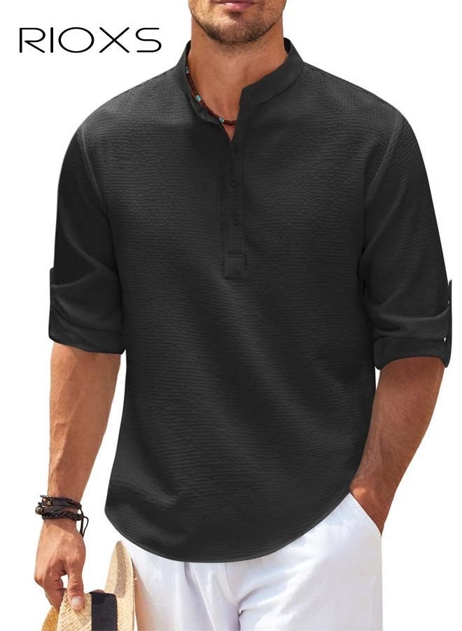 RIOXS Men's Waffle 3/4 Length Sleeve Henley Shirts, Casual Lightweight Four Button Pullover Tops for Men, Soft Breathable  3/4 Sleeve T-shirt for Daily Commutes, Office Work, Holidays, Weekend Relaxation, Beach, Daily Wear, Black - Image 2