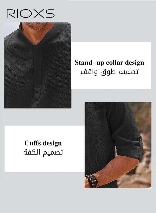 RIOXS Men's Waffle 3/4 Length Sleeve Henley Shirts, Casual Lightweight Four Button Pullover Tops for Men, Soft Breathable  3/4 Sleeve T-shirt for Daily Commutes, Office Work, Holidays, Weekend Relaxation, Beach, Daily Wear, Black - Image 3