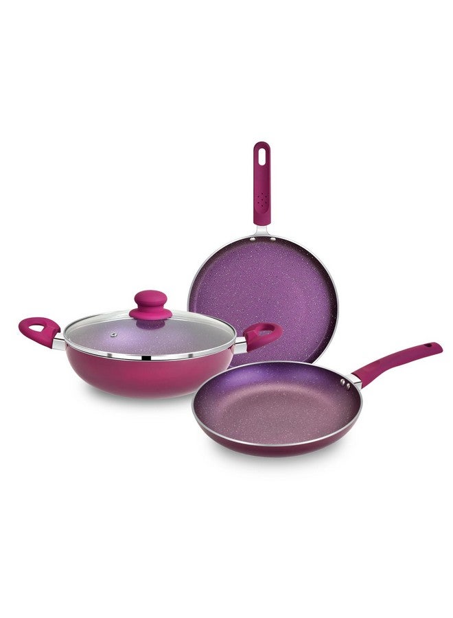 BERGNER Aluminium Jazz Non Stick Cookware Set 4Pc-Kadhai with Glass Lid 24Cm, Dosa Tawa 28Cm, Frypan 24Cm with Induction Compatible, Pfoa Free, 1 Year Warranty by Bergner, Purple - Image 1