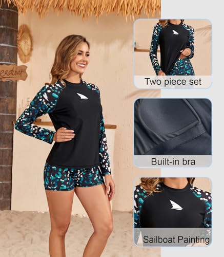 ALLTOKE Womens Long Sleeve Two Piece Rash Guard with Built in Bra Swim Shirts with Shorts UPF50+ Quick Dry Swimsuit Black Green Dots M - Image 4