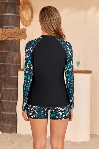ALLTOKE Womens Long Sleeve Two Piece Rash Guard with Built in Bra Swim Shirts with Shorts UPF50+ Quick Dry Swimsuit Black Green Dots M - Image 2