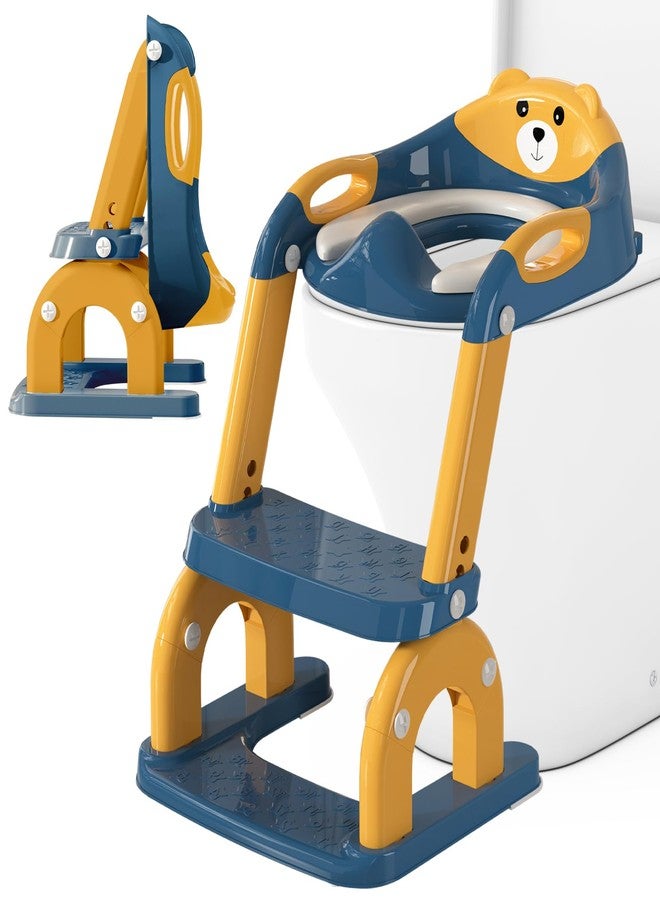 CUXFLS Potty Training Seat with Ladder for Toddlers, 2-in-1 Adjustable Potty Training Toilet for Kids Boys Girls with Splash Guard, Waterproof Cushion, Anti-Slip Pad Step Stool - Dark Blue - Image 1