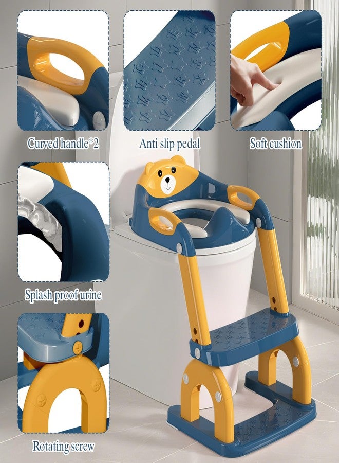 CUXFLS Potty Training Seat with Ladder for Toddlers, 2-in-1 Adjustable Potty Training Toilet for Kids Boys Girls with Splash Guard, Waterproof Cushion, Anti-Slip Pad Step Stool - Dark Blue - Image 2