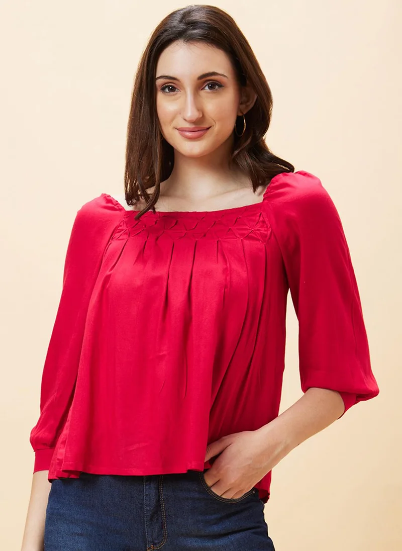 globus Globus Women Square Neck Puff Sleeve Pleated Top