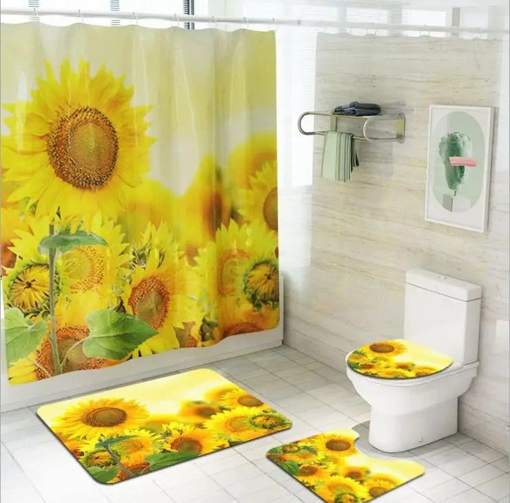 Y&D Sunflower Pattern Bathroom Shower Curtain Set Mats Rugs Set Non-slip Quickly Dry Waterproof Toilet Lid Cover Floor Mat Polyester - Image 4