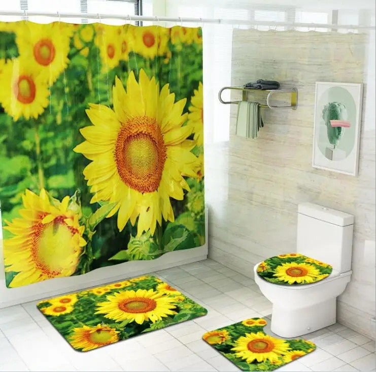 Y&D Sunflower Pattern Bathroom Shower Curtain Set Mats Rugs Set Non-slip Quickly Dry Waterproof Toilet Lid Cover Floor Mat Polyester - Image 3