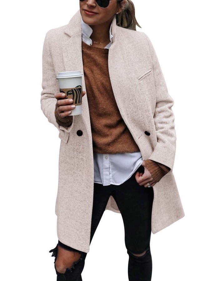 Ebifin Women's Notch Lapel Double Breasted Trench Coat Peacoat Winter Casual Long Blazer Jacket Overcoat, Beige, Large - Image 1