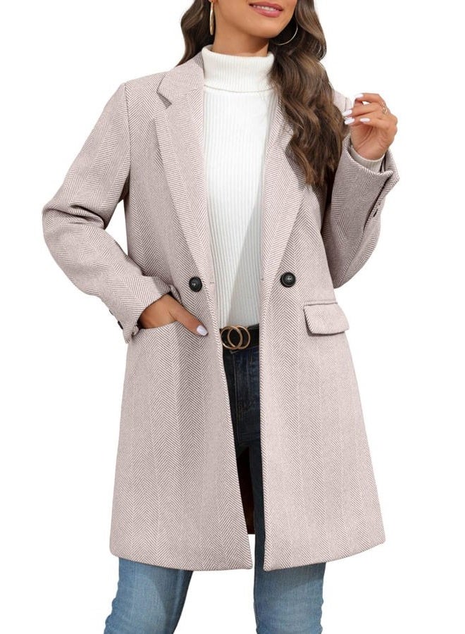 Ebifin Women's Notch Lapel Double Breasted Trench Coat Peacoat Winter Casual Long Blazer Jacket Overcoat, Beige, Large - Image 3