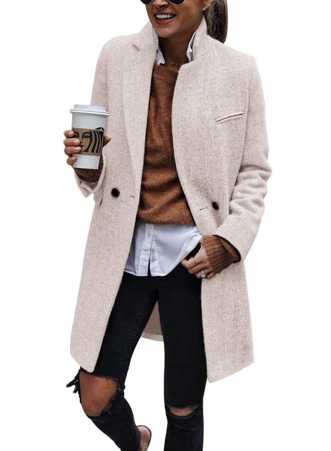 Ebifin Women's Notch Lapel Double Breasted Trench Coat Peacoat Winter Casual Long Blazer Jacket Overcoat, Beige, Large - Image 2
