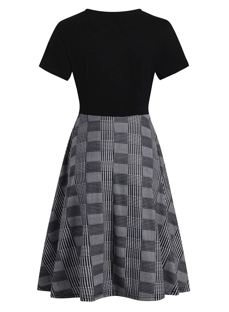 HELYO Women's Elegant Criss-Cross V Neck Vintage Short Sleeve Work Casual Party Swing Tea Dress with Pockets 980 (XL, Black Plaid) - Image 3
