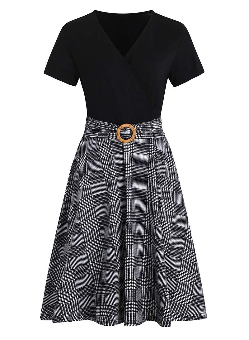 HELYO Women's Elegant Criss-Cross V Neck Vintage Short Sleeve Work Casual Party Swing Tea Dress with Pockets 980 (XL, Black Plaid) - Image 2