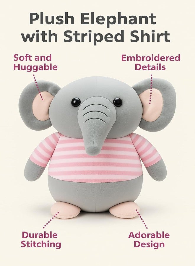 Fun4you Plush Elephant Stuffed Animal Toy with Blue Striped T-Shirt, Soft Toy for Kids, Grey (Pink) - Image 4