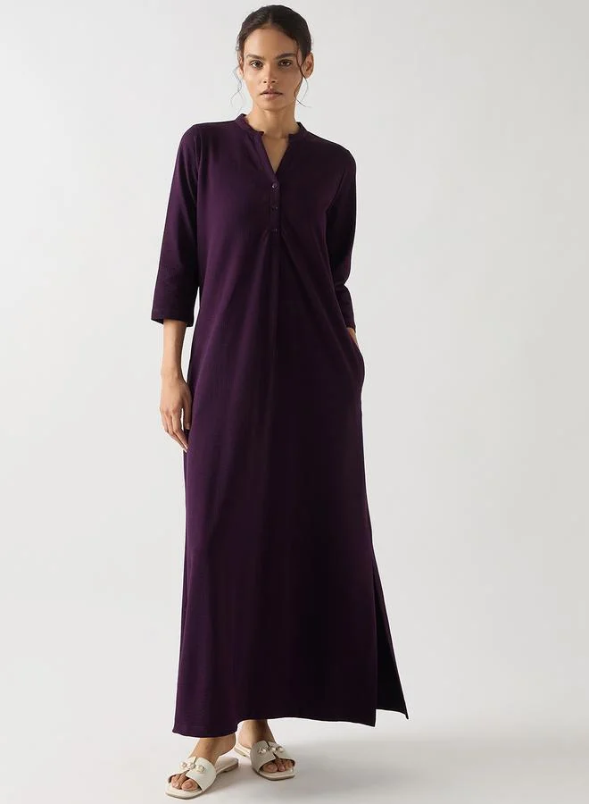 Purple Cotton Knit Maxi Dress with 3/4 Sleeves