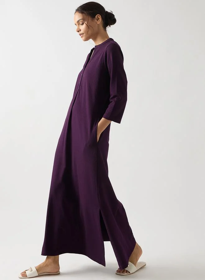 Femmella Purple Cotton Knit Maxi Dress with 3/4 Sleeves