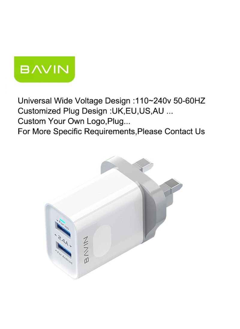 Bavin - BAVIN PC255E Fast Charger 2.4A With 2 Port USB And UK Plug With Type-C Cable - Image 1