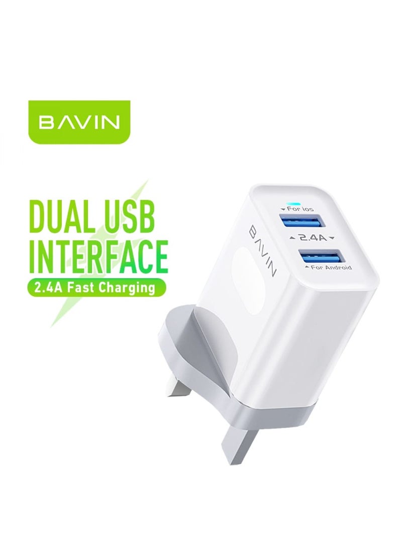 Bavin - BAVIN PC255E Fast Charger 2.4A With 2 Port USB And UK Plug With Type-C Cable - Image 1