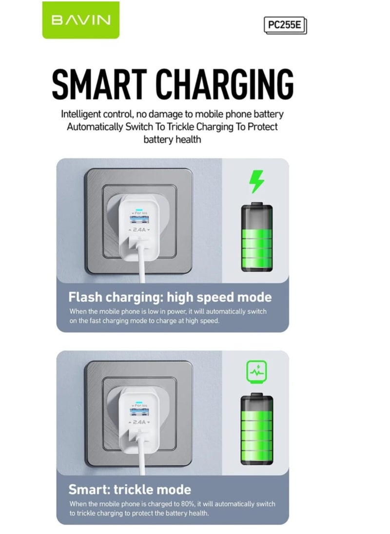 Bavin - BAVIN PC255E Fast Charger 2.4A With 2 Port USB And UK Plug With Type-C Cable - Image 1