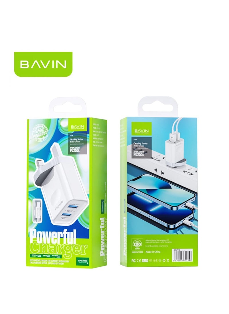 Bavin - BAVIN PC255E Fast Charger 2.4A With 2 Port USB And UK Plug With Type-C Cable - Image 1