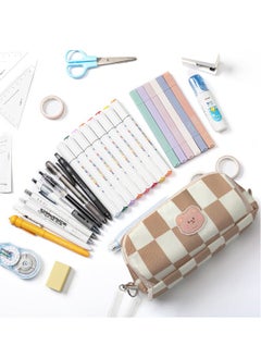 Generic Large Pencil Case, Canvas Pencil Pouch with 3 Compartments & Removable Spring Strap, Checkerboard Plaid Pencil Storage Bag for Teen Boys Girls School Students (Brown White Plaid)  - Image 2