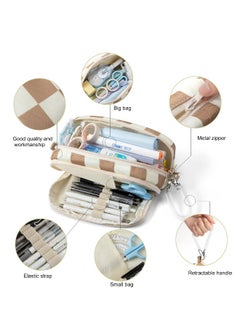 Generic Large Pencil Case, Canvas Pencil Pouch with 3 Compartments & Removable Spring Strap, Checkerboard Plaid Pencil Storage Bag for Teen Boys Girls School Students (Brown White Plaid)  - Image 3