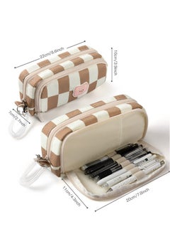 Generic Large Pencil Case, Canvas Pencil Pouch with 3 Compartments & Removable Spring Strap, Checkerboard Plaid Pencil Storage Bag for Teen Boys Girls School Students (Brown White Plaid)  - Image 5