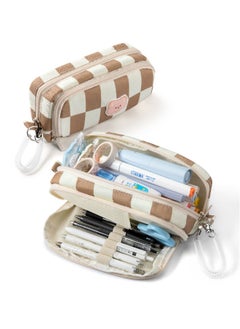Generic Large Pencil Case, Canvas Pencil Pouch with 3 Compartments & Removable Spring Strap, Checkerboard Plaid Pencil Storage Bag for Teen Boys Girls School Students (Brown White Plaid)  - Image 1