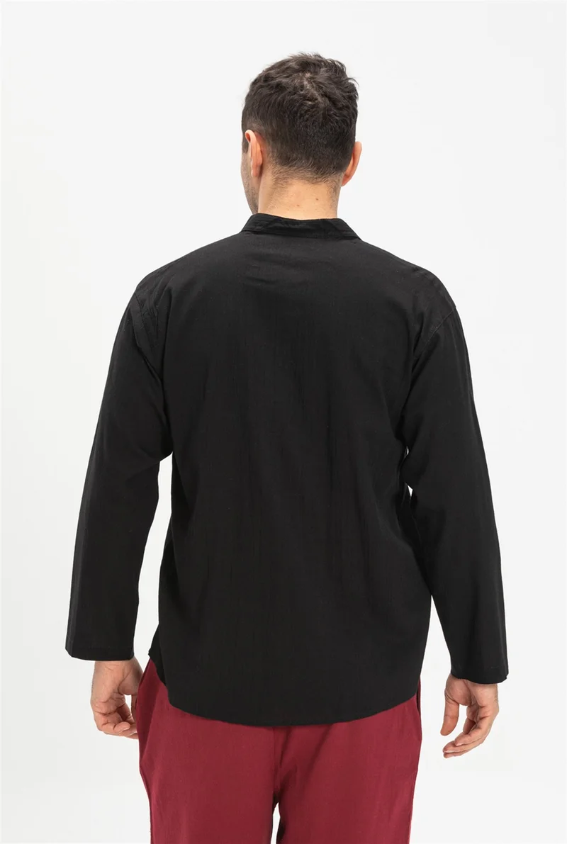 Eliş Şile Bezi Uzun Kol Şile Bezi Tek Cepli Hakim Yaka Erkek Tshirt Siyah 3003