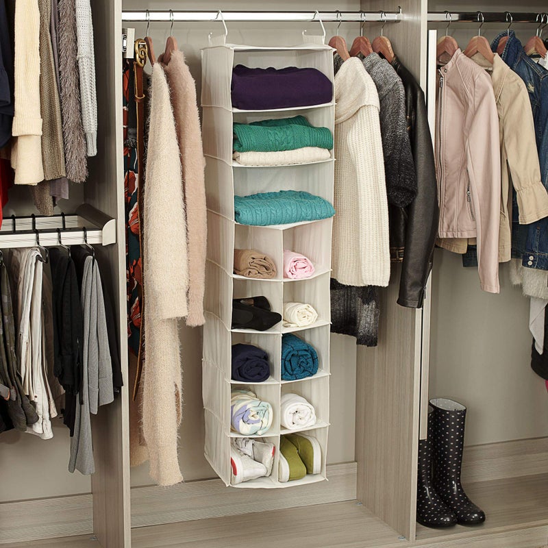 Household Essentials Hanging Shoe Organizer, Natural Canvas, With Clothes Storage, 10 Pockets and 3 Shelves, Collapsible, Cream - Image 5